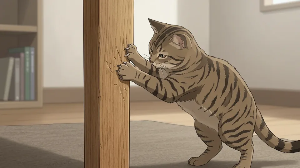 テーブルの脚をひっかく猫
