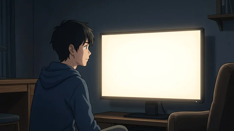 暗い部屋でスクリーンを見る人物