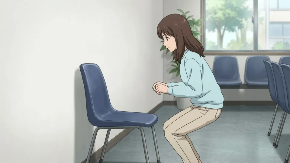 待合室で椅子に座ろうとする人
