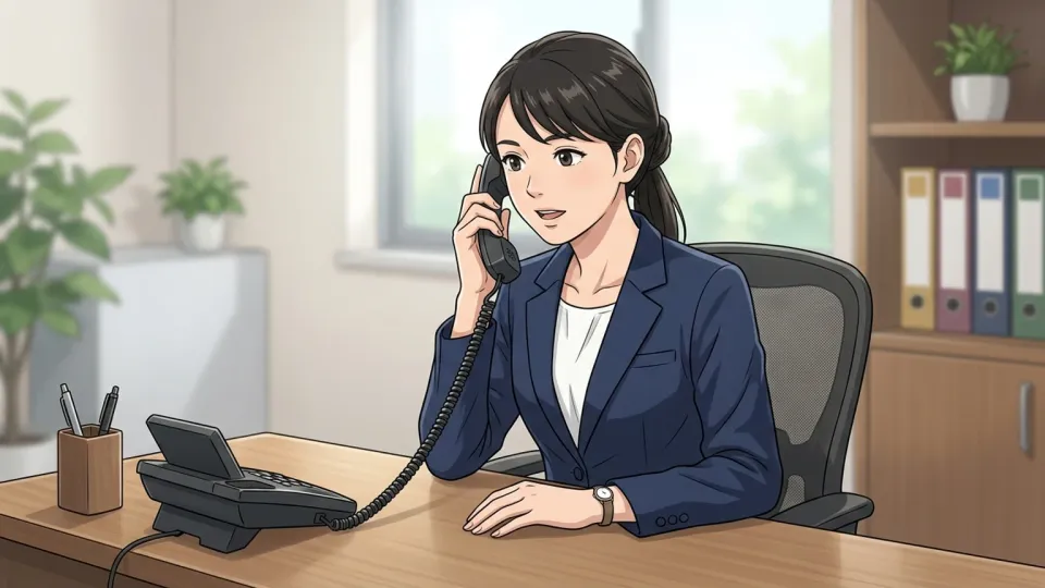 オフィスのデスクで電話をかける秘書のイラスト