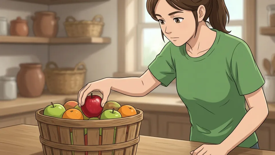 女性がかごの中から赤いリンゴを選ぶ様子