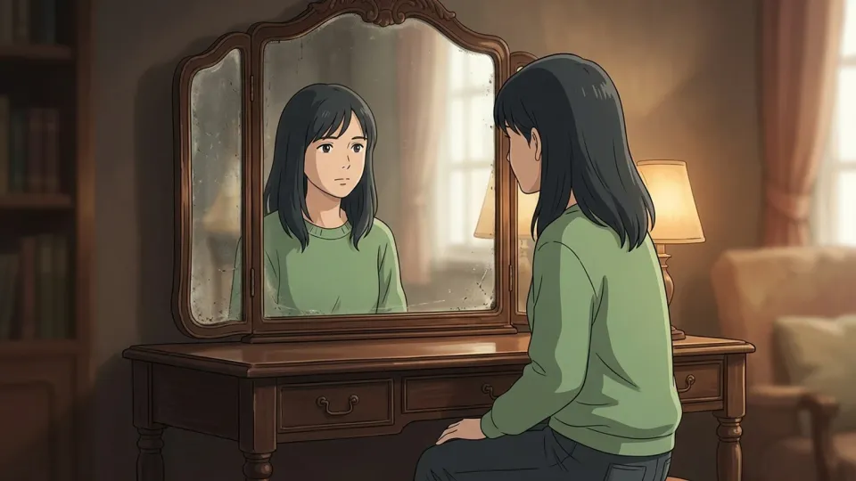 鏡に向かって自分の内面を見つめようとする女性