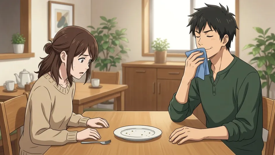 ケーキを独り占めして満足そうな男性