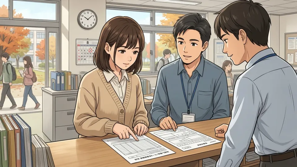 大学の窓口で学生が秋学期の授業料納付書と履修表を確認している様子