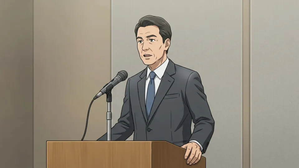 記者会見で話す上院議員。
