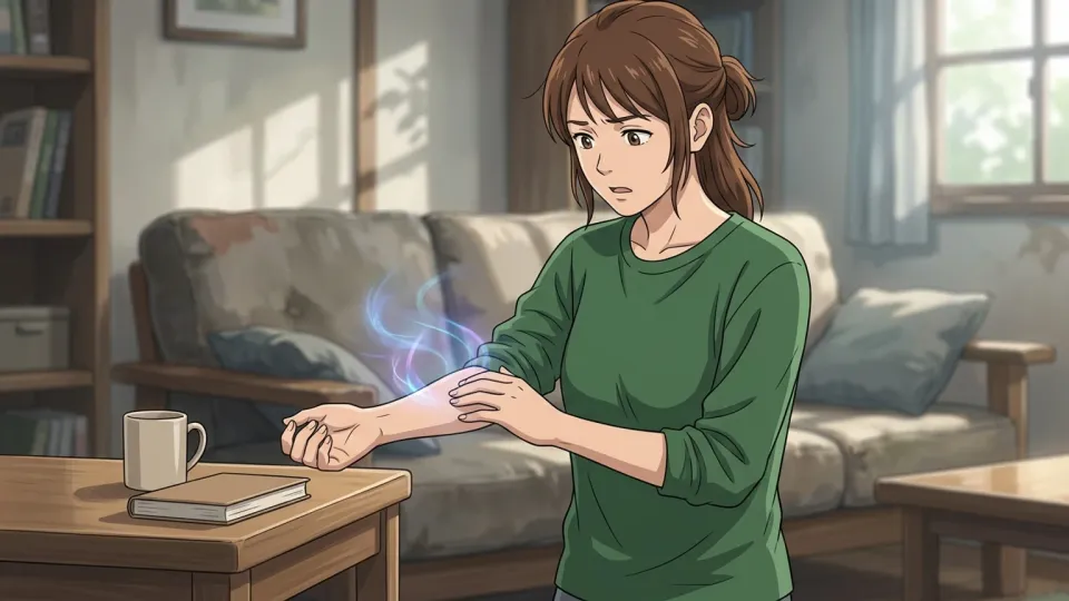 腕に奇妙な感覚を覚える女性のイラスト