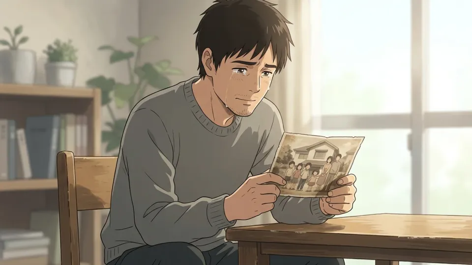 古い写真を見つめて感傷的になる男性のイラスト