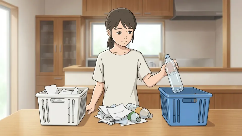 リサイクル品と通常のゴミを別々の箱に分けている人物のイラスト