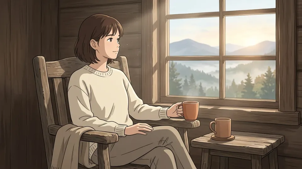 静かな山小屋に差し込む朝の光と、落ち着いた空間。