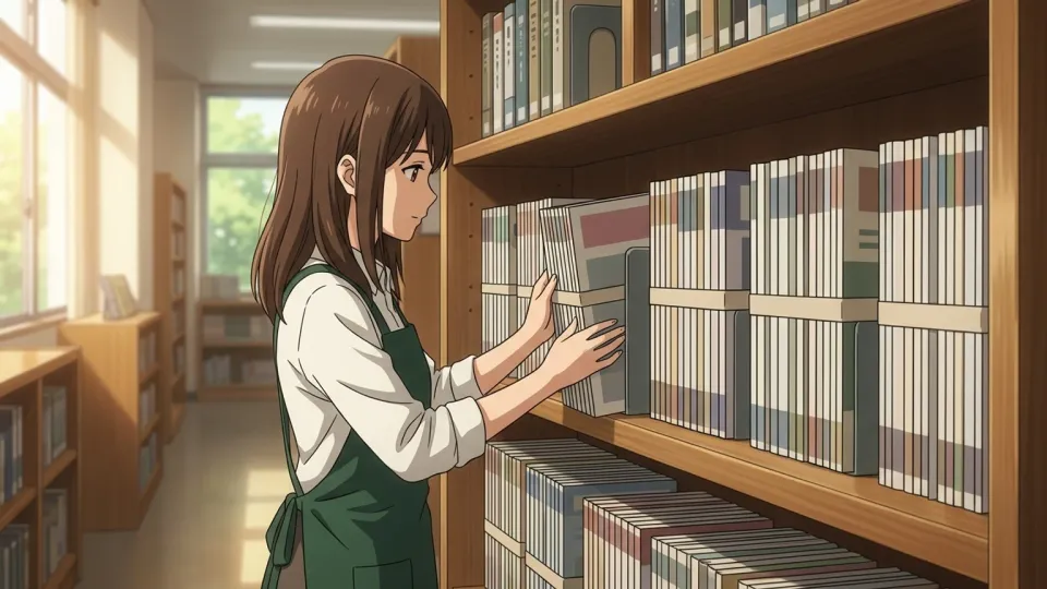 図書館の棚に並ぶ複数の雑誌のイラスト