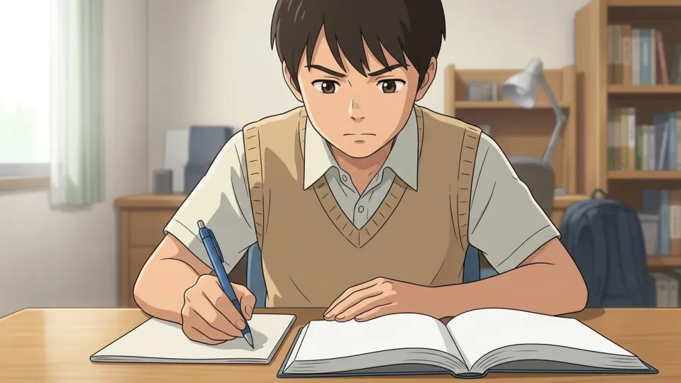 机で熱心に勉強するまじめな学生。