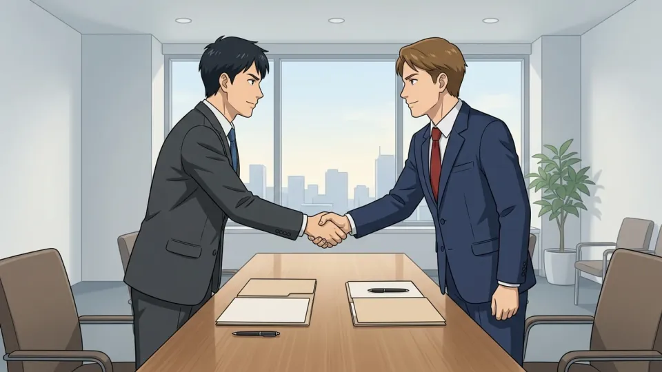 オフィスで握手をする二人のビジネスパーソン
