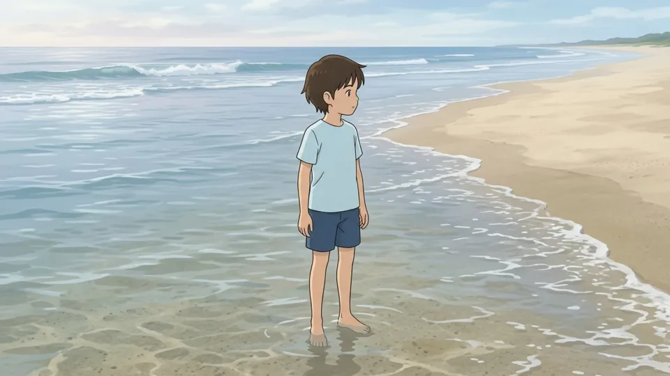 海岸で浅い水辺にいる子供たち