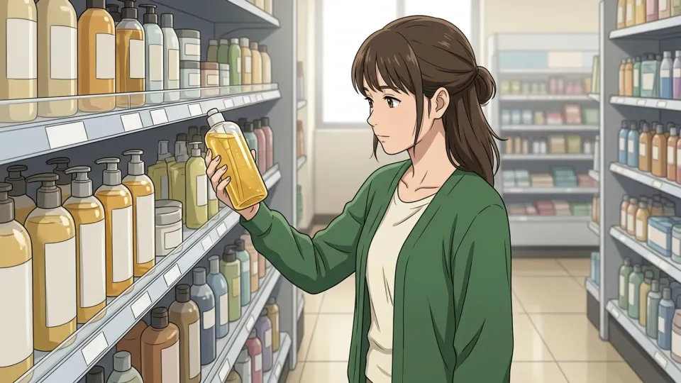 女性が店でシャンプーのボトルを持っている様子