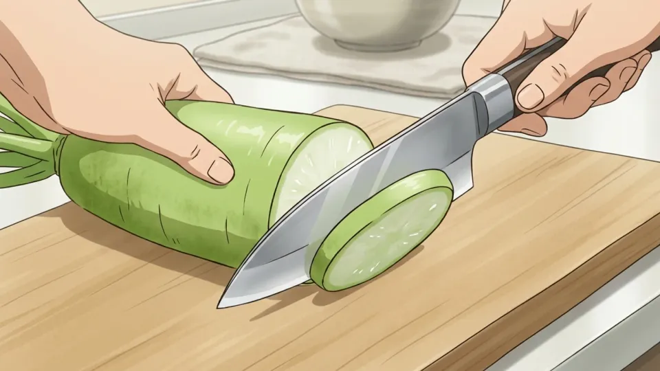 野菜を薄く切るシェフ