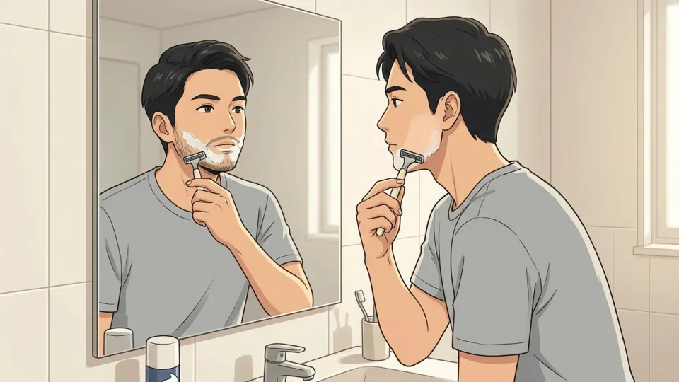 男性が鏡の前でひげをそっている写真風イラスト