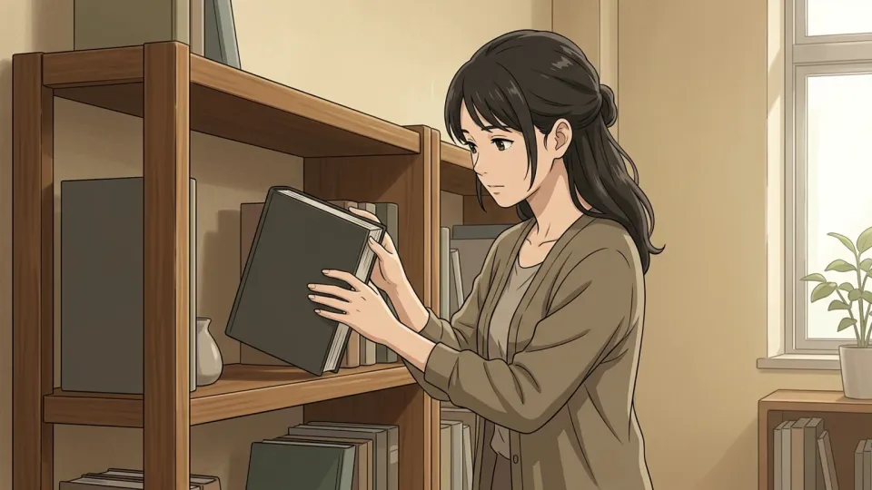 木製の棚に本を置く女性