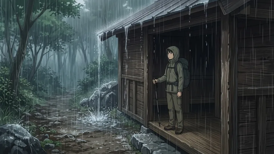 雨宿りをするハイカーと木造の避難小屋。