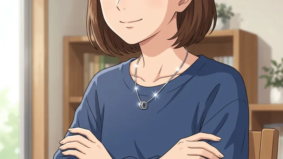 光沢のある銀のネックレスをつけた女性