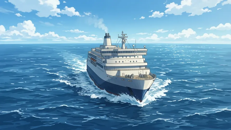 青い海を航行する大きな船。