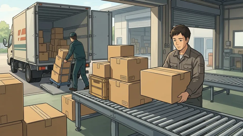 サービスセンターの作業員が朝届いた交換部品の荷物を受け取っている