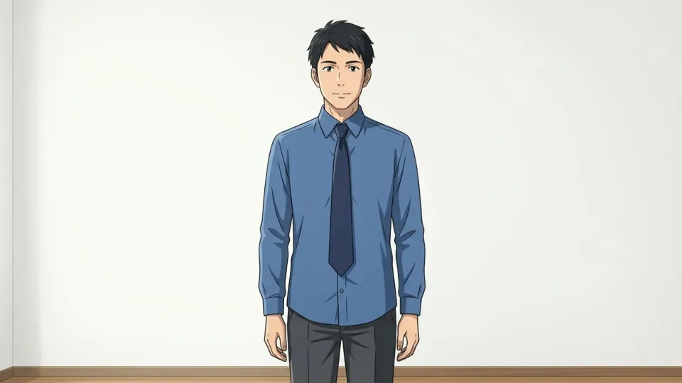 ネクタイを締めて青いシャツを着ている男性。