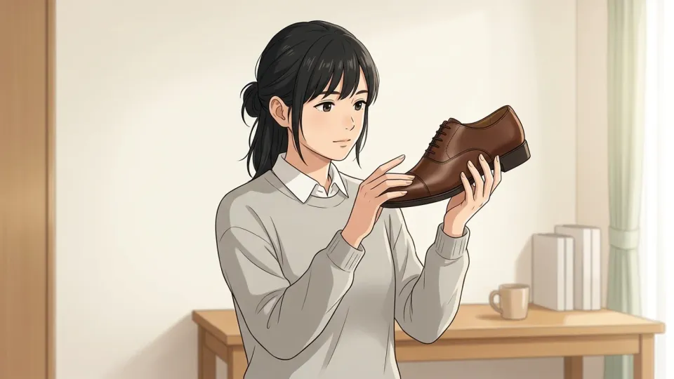 オフィス用の新しい革靴を手に持つ女性
