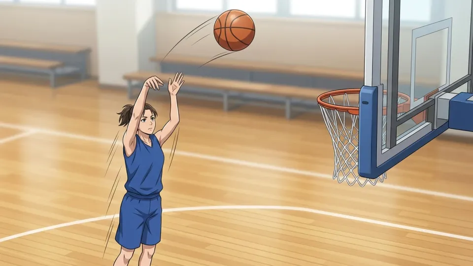 バスケットボール選手がゴールに向けてシュートを打っている場面