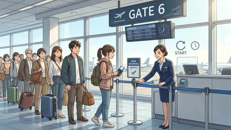 空港の搭乗口で係員が準備を整え、乗客がまもなく始まる搭乗を待っている様子