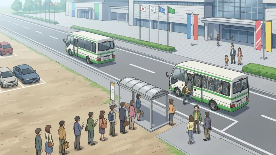 駐車場と展示会場の間を往復する小型バス