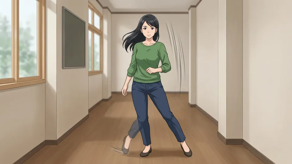女性が通路で横方向へ一歩足を踏み出している様子