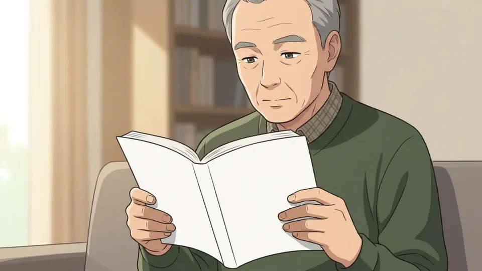 老人が眼鏡なしで本を読んでいる様子