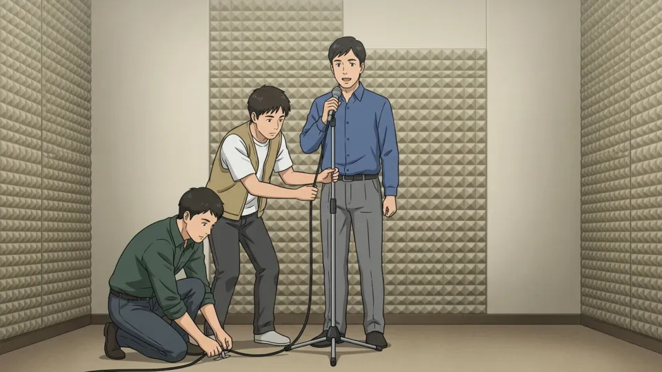 生放送を妨げないよう音を立てずに作業する技術者