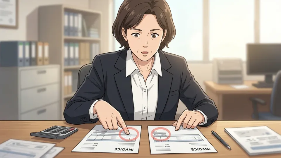 二枚の請求書の類似点を確認する監査担当者