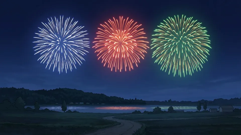 夜空に同時に開く2つの花火。