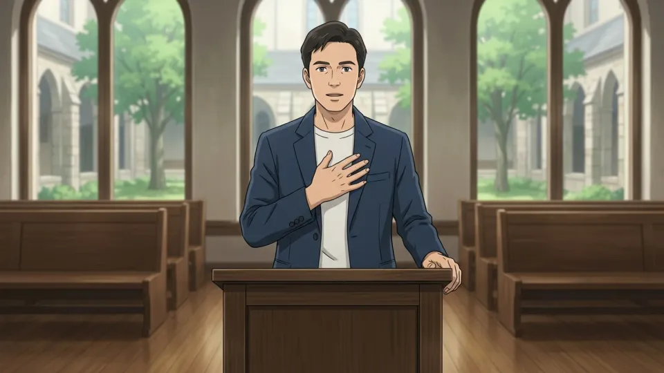 演台で真摯に語りかける男性のイラスト