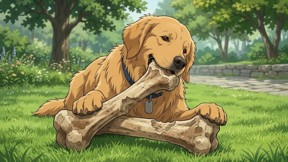 芝生の上で大きな骨をかじる犬