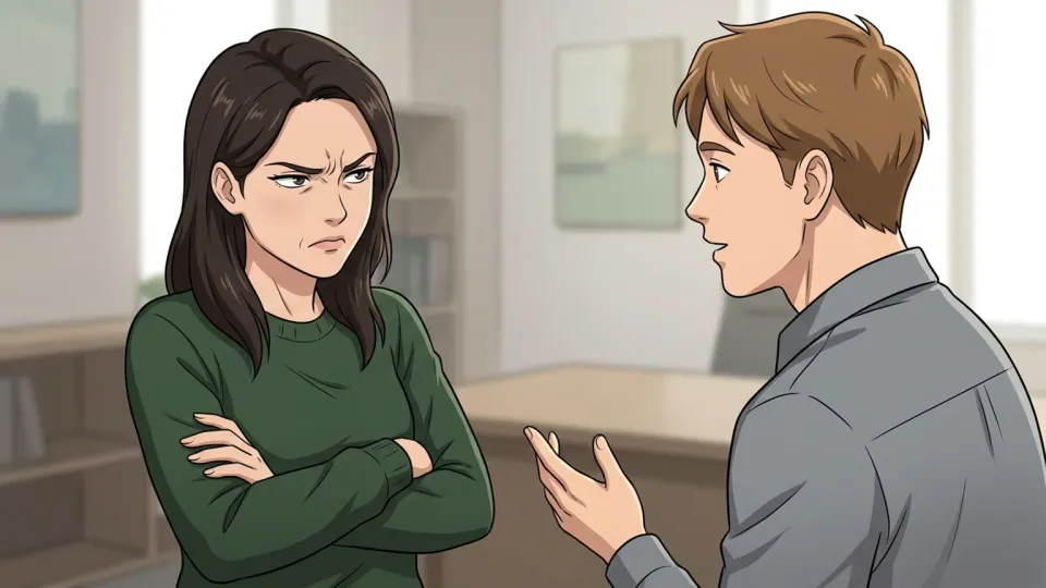 男性の説明を疑わしげに聞く女性のイラスト