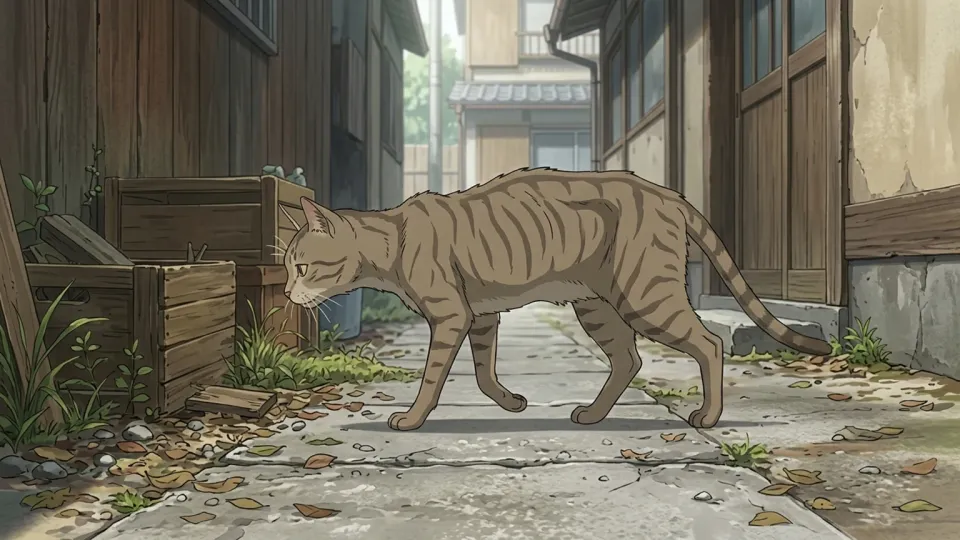路地裏で食べ物を探すやせこけた野良猫