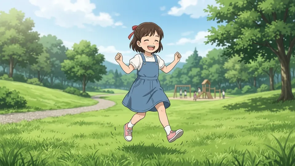 公園でスキップする女の子のイラスト