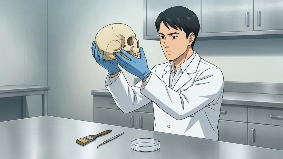 古代人の頭がい骨を調査する科学者