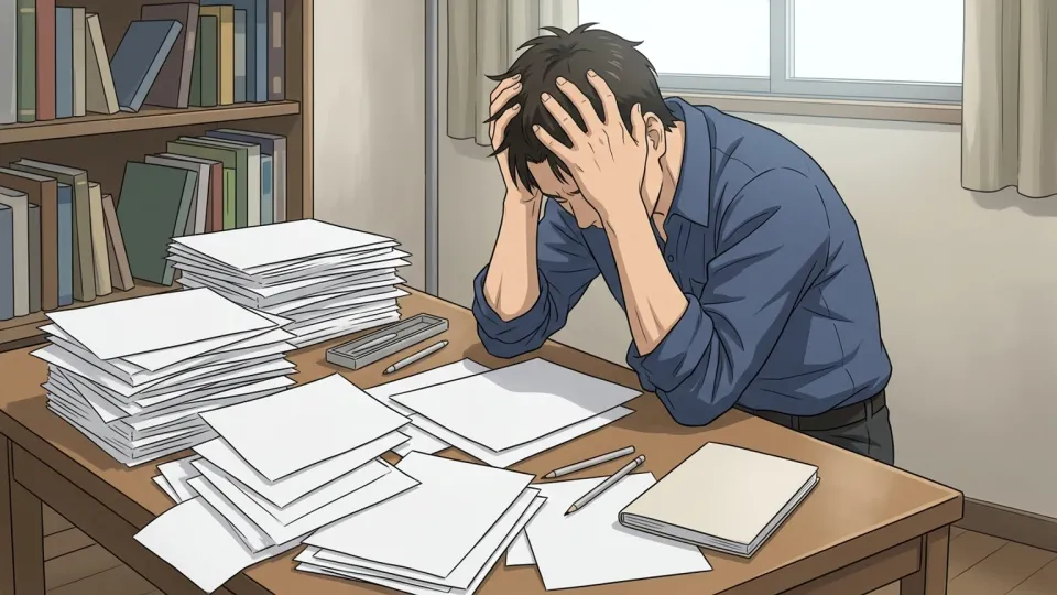 書類が散乱した机で頭を抱える男性