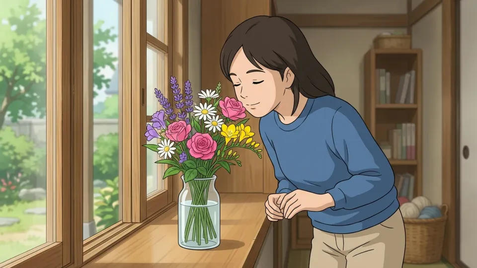 花瓶に生けられた花から甘い香りが漂っている様子