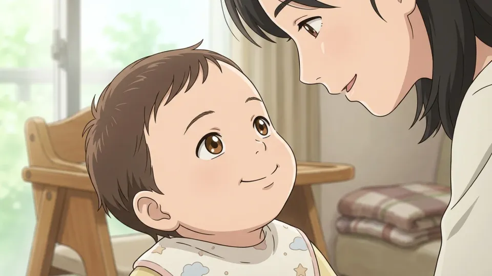 母親を見てほほえむ赤ちゃん
