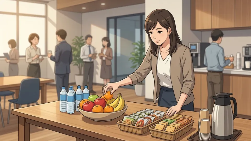研修の休憩時間に受講者が果物などの軽食を取っている様子