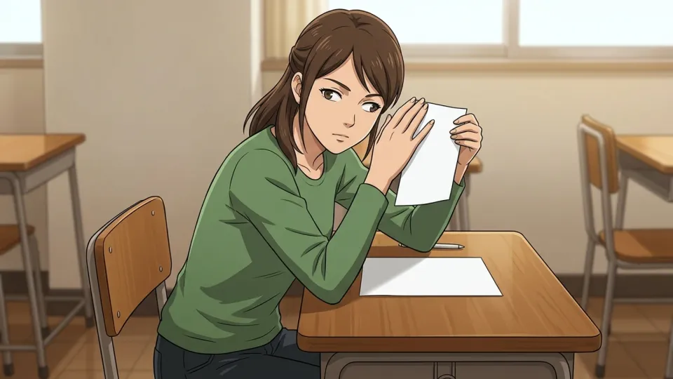 解答用紙をこっそり覗き見る女性