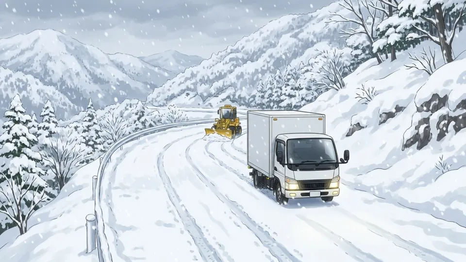雪に覆われた山道で遅れている配送トラック