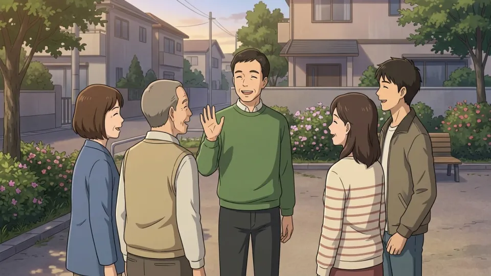 地域住民と笑顔で交流する男性のイラスト