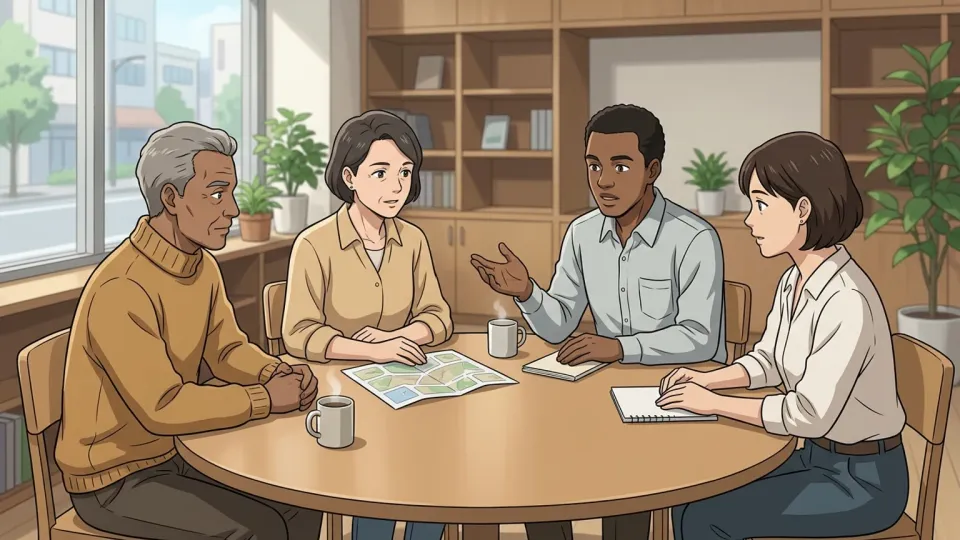 会議の席で話し合う人々