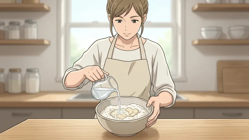 女性がボウルの生地に牛乳を加えて柔らかくしているイラスト